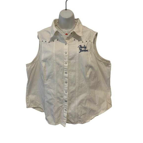 Harley-Davidson Sleeveless White Button-Up Shirt, Embroidered Front & Back, XL - Picture 1 of 11